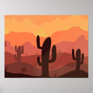 Póster Dibujo paisajístico del desierto con plantas