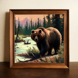 Póster Dibujo pastel de oso pardo en la naturaleza