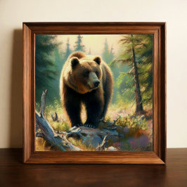 Póster Dibujo pastel de oso pardo en la naturaleza