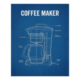 Póster Dibujo técnico de Antigua Cafetera en Azul