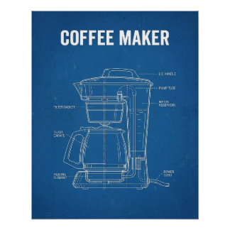 Póster Dibujo técnico de Antigua Cafetera en Azul