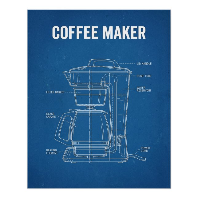 Póster Dibujo técnico de Antigua Cafetera en Azul (Anverso)