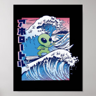 Póster Dibujos animados de surfistas alienígenas en la pl