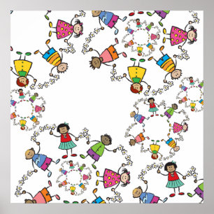 Póster Dibujos Animados Niños Felices Amigos alrededor de