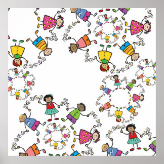 Póster Dibujos Animados Niños Felices Amigos alrededor de