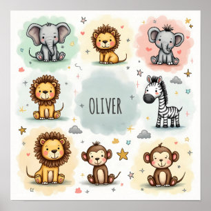 Póster Dibujos Animales De Safari En Acuarela Adorables