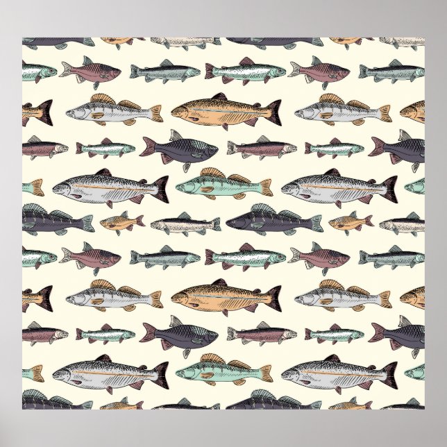 Póster Dibujos de peces de época, patrón sin costuras. (Frente)