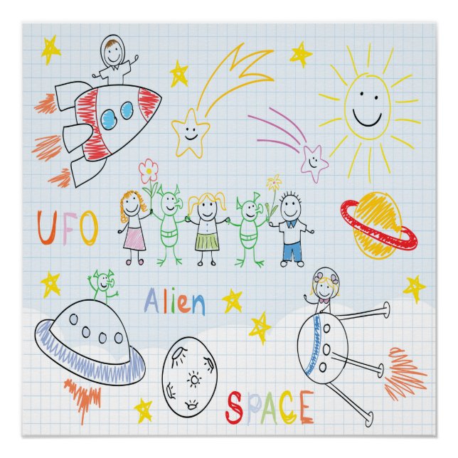 Póster Dibujos para niños, espacio, extraterrestres, univ (Anverso)