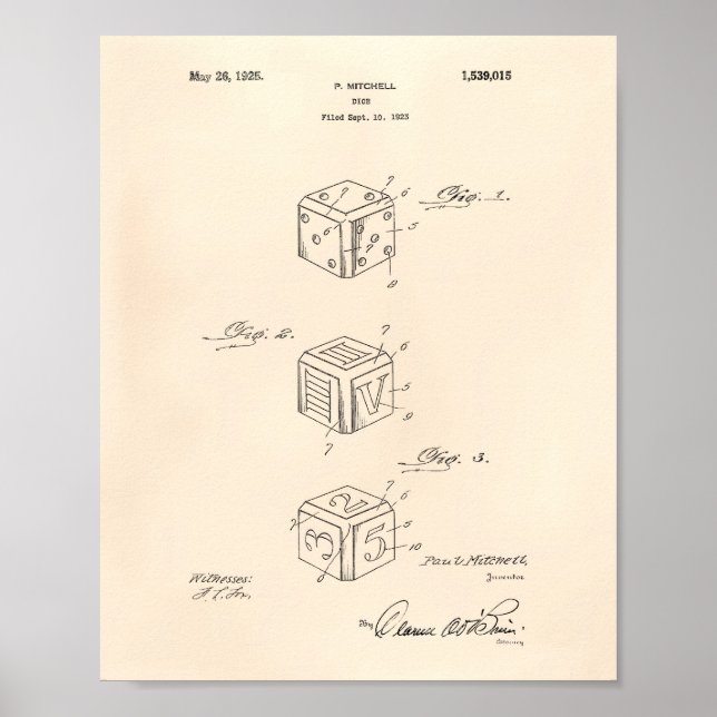 Póster Dice 1925 Patent Art Old Peper (Frente)