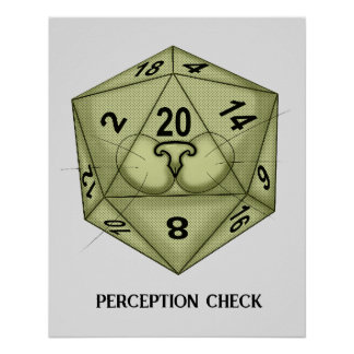 Póster Dice. Gato. D20. Comprobación de percepción