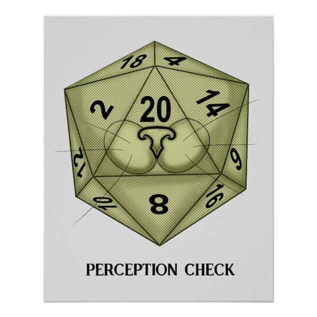 Póster Dice. Gato. D20. Comprobación de percepción (Anverso)