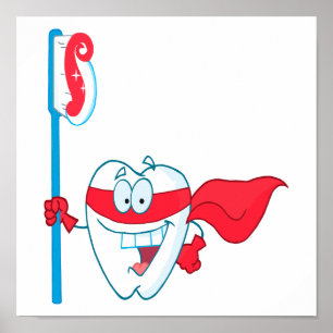 Póster Diente Cute Sonriente Superhéroe con cepillo de di