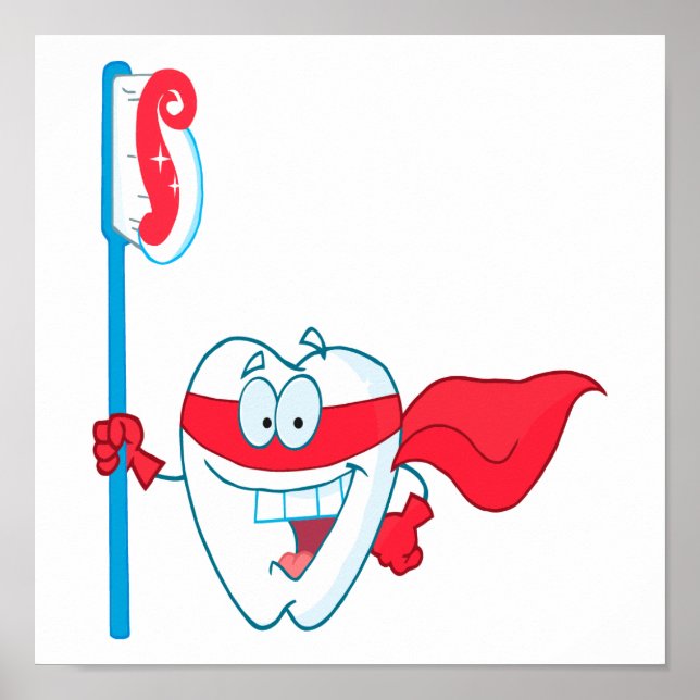 Póster Diente Cute Sonriente Superhéroe con cepillo de di (Frente)