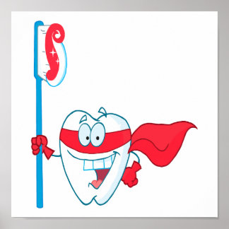 Póster Diente Cute Sonriente Superhéroe con cepillo de di