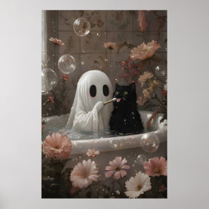 Póster Diente de gato cepillando fantasmas en la bañera,