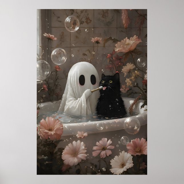 Póster Diente de gato cepillando fantasmas en la bañera,  (Frente)