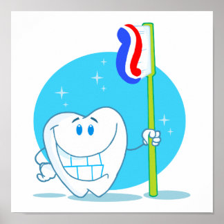 Póster Diente sonriente feliz con cepillo de dientes