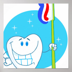 Póster Diente sonriente feliz con cepillo de dientes