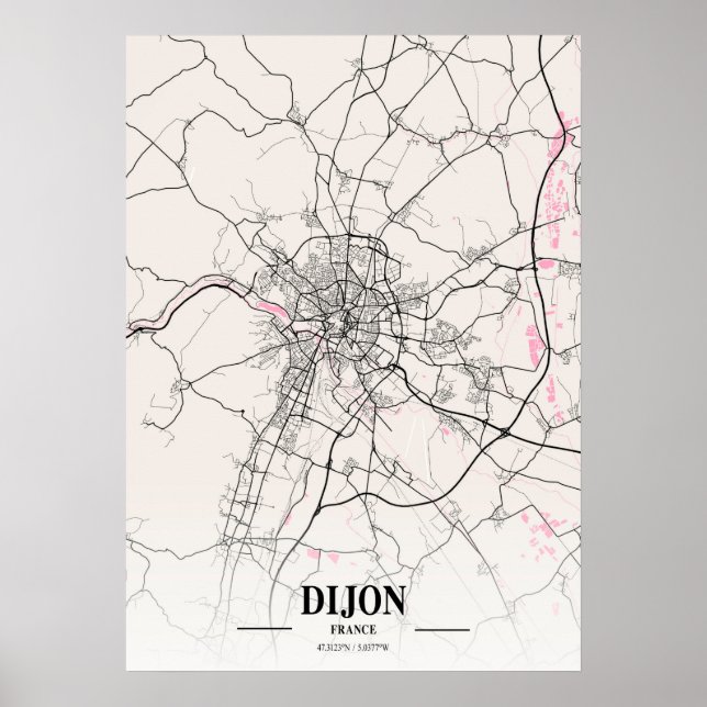 Póster Dijon - Mapa de la ciudad napolitana de Francia (Frente)