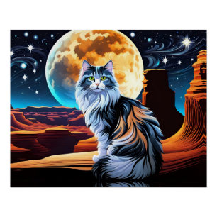 Póster Diluir al gato Calico, en la luna llena del desier