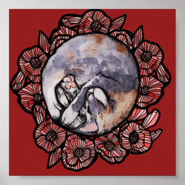 Póster Diluir Calico Kitty Cat Red Poppy Flores Gatos