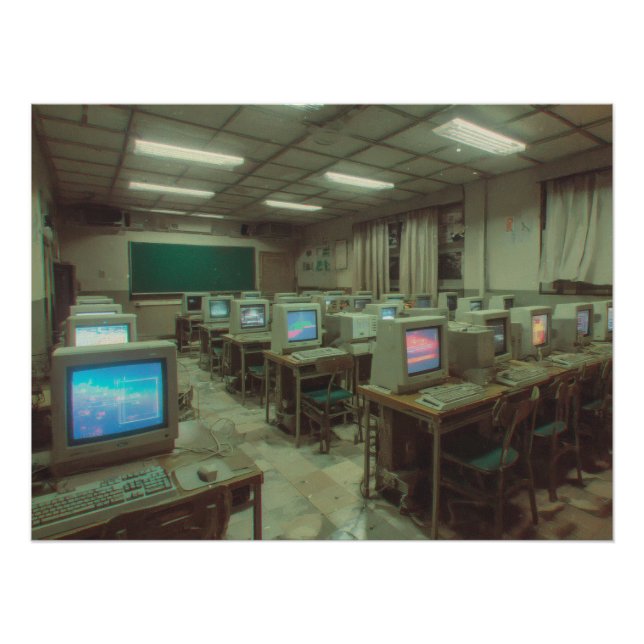 Póster Dimly Lit Retro Computer Lab with CRT Screens (Anverso)