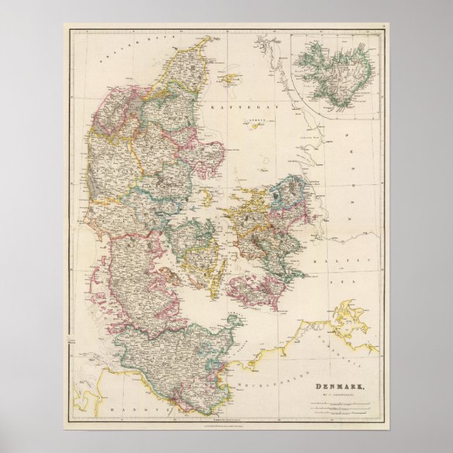 Póster Dinamarca con mapa de entrada de Islandia (Frente)