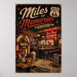 Póster Diner Americano Retro Iluminado con Neón en la Rut