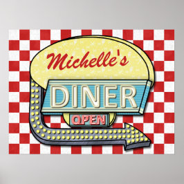Póster Diner Retro 50 Red Checkered | Nombre personalizad