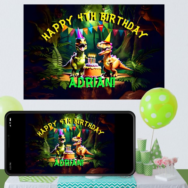 Póster Dino cuatro dinosaurios feliz plantilla de cumplea (Dino four dinosaur happy birthday editable template poster banner digital download dino party banner)