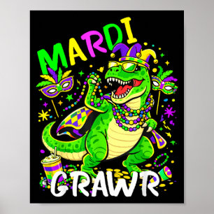Póster Dino T-rex divertido Mardi Grawr Retro Mardi Gras 