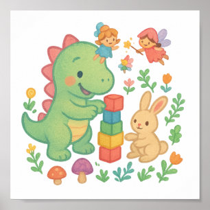 Póster Dino y conejo mágico - Amigos de cuento de hadas d