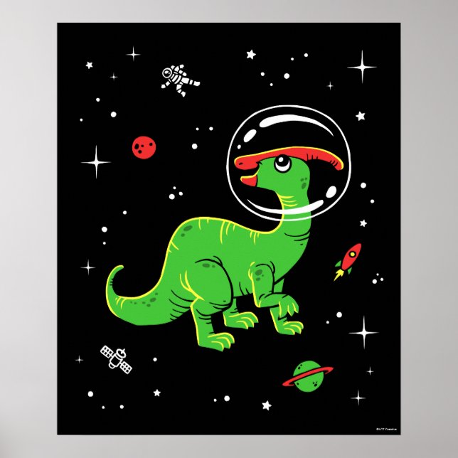 Póster Dinos De Parasaurolophus Verdes Y Rojos En El Espa (Frente)