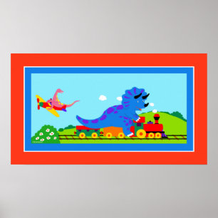 Póster Dinos, trenes y aviones