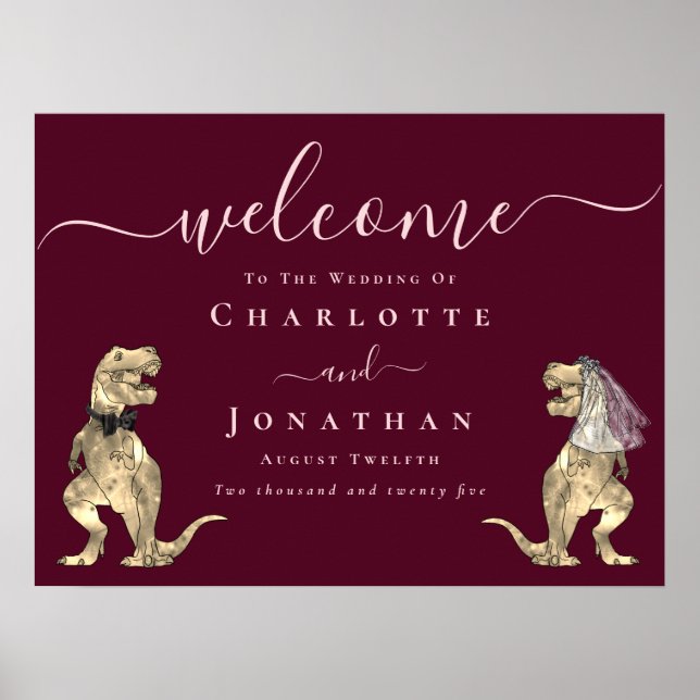 Póster Dinosaur Burgundy Blush Pink Wedding Welcome (Frente)