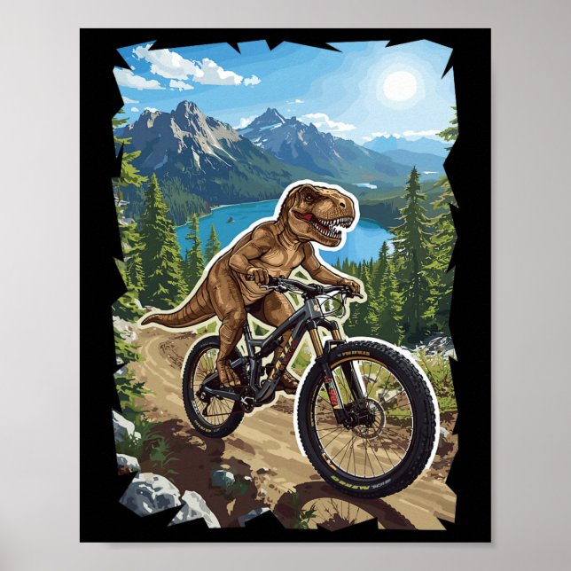 Póster Dinosaur Mountain Biking Through Forest Trail  (Frente)