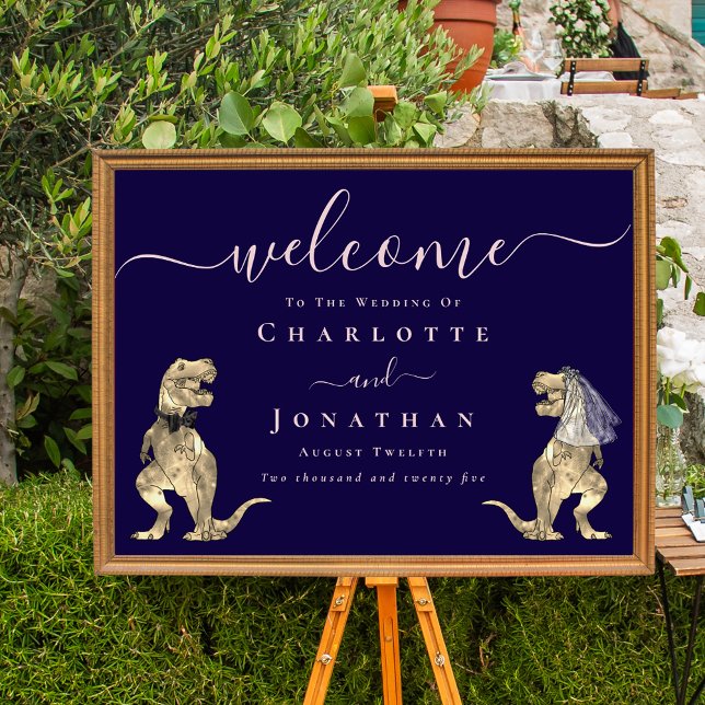 Póster Dinosaur Navy Blue Blush Pink Wedding Welcome (Dinosaur themed navy blue blush pink wedding welcome poster sign funny T-Rex bride and groom)