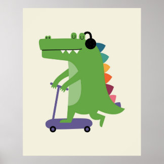 Póster Dinosaur on a Scooter with Headphones Baby kids 