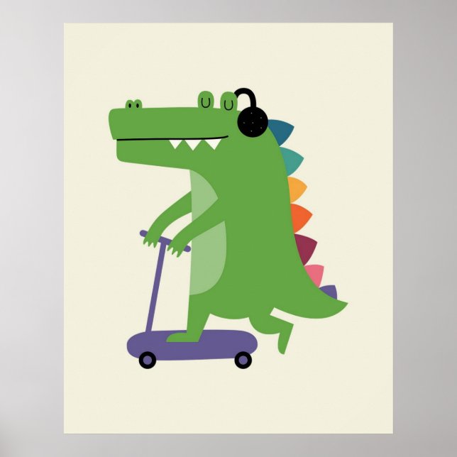 Póster Dinosaur on a Scooter with Headphones Baby kids  (Frente)