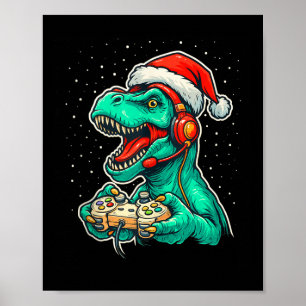 Póster Dinosaur T Rex Jugando Videojuego Santa Hat Christ