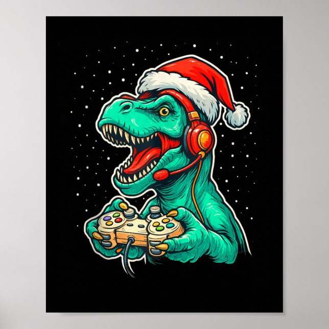Póster Dinosaur T Rex Jugando Videojuego Santa Hat Christ (Frente)