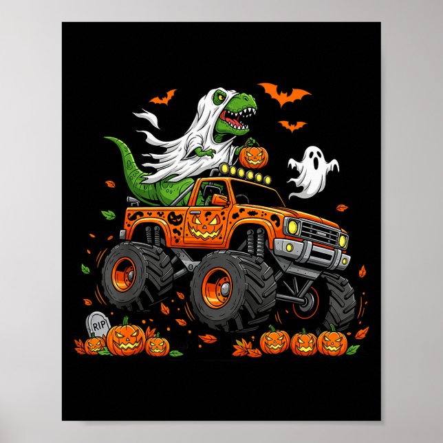 Póster Dinosaur T-rex Riding Monster Truck Halloween Men  (Frente)