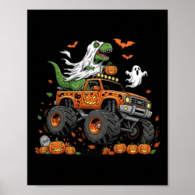 Póster Dinosaur T-rex Riding Monster Truck Halloween Men  (Frente)