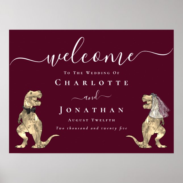 Póster Dinosaur Theme Burgundy Wine Wedding Welcome (Frente)