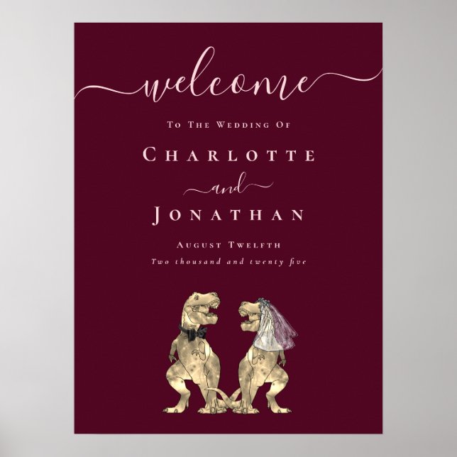 Póster Dinosaur Wedding Welcome Burgundy Wine Blush Pink (Frente)