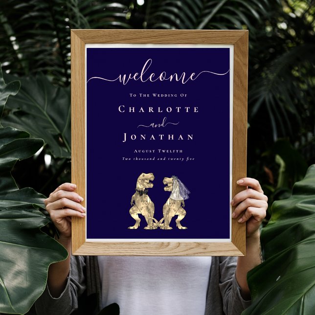 Póster Dinosaur Wedding Welcome Navy Blue Blush Pink (Elegant script Dinosaur themed navy blue blush pink wedding welcome sign funny T-Rex bride and groom)