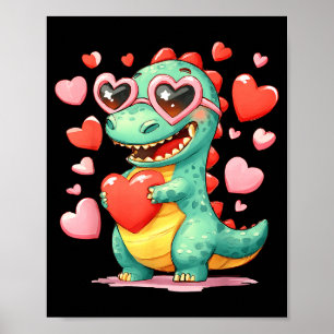 Póster Dinosaurio de San Valentín Trex sosteniendo corazó
