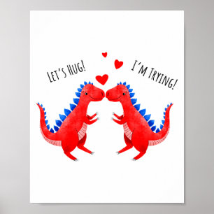 Póster Dinosaurio divertido del día de San Valentín abraz