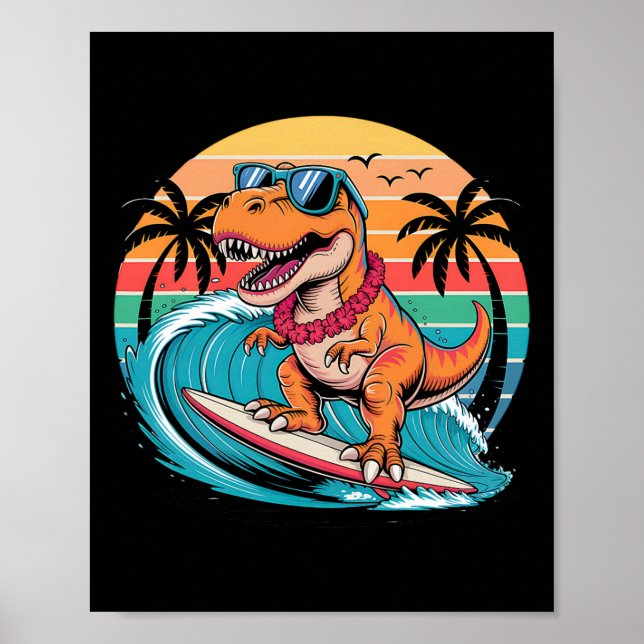 Póster Dinosaurio Divertido Tabla de Surf Playa Verano Su (Frente)