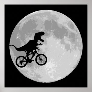 Póster Dinosaurio en bicicleta en cielo con luna